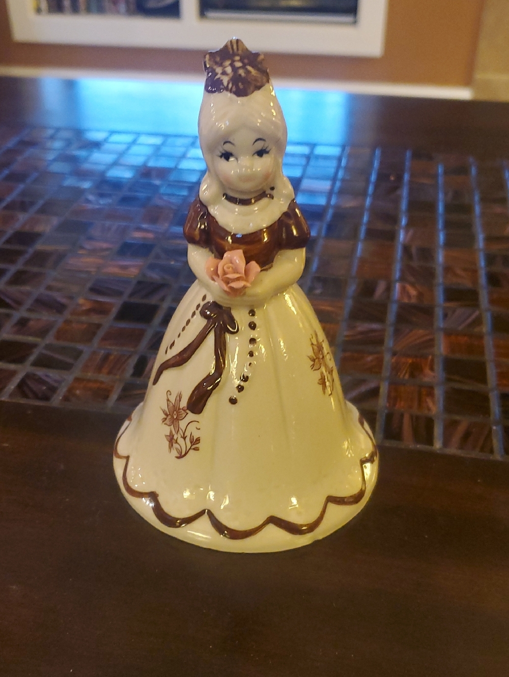Vintage Ceramic Lady Figurine in Cream and Brown with Pink Rose Bell